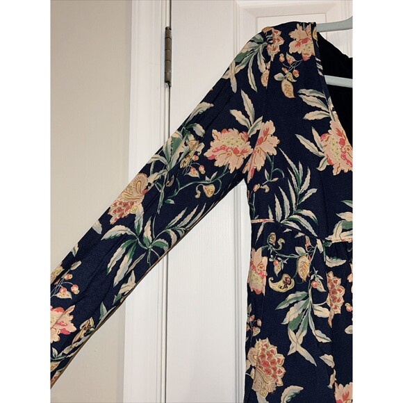 Sezane Dress Navy Blue Tropical Floral Print Long Sleeve Button Front Mini Short - Picture 5 of 10